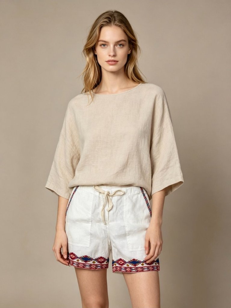 Nwot Johnny Was Embroidered Linen Cream Chino Boho Chic Shorts Size S W31 Rare